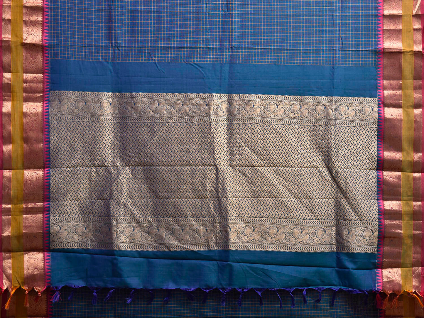Blue Kanchipuram Cotton Saree with Checks and Pallu Design k0981