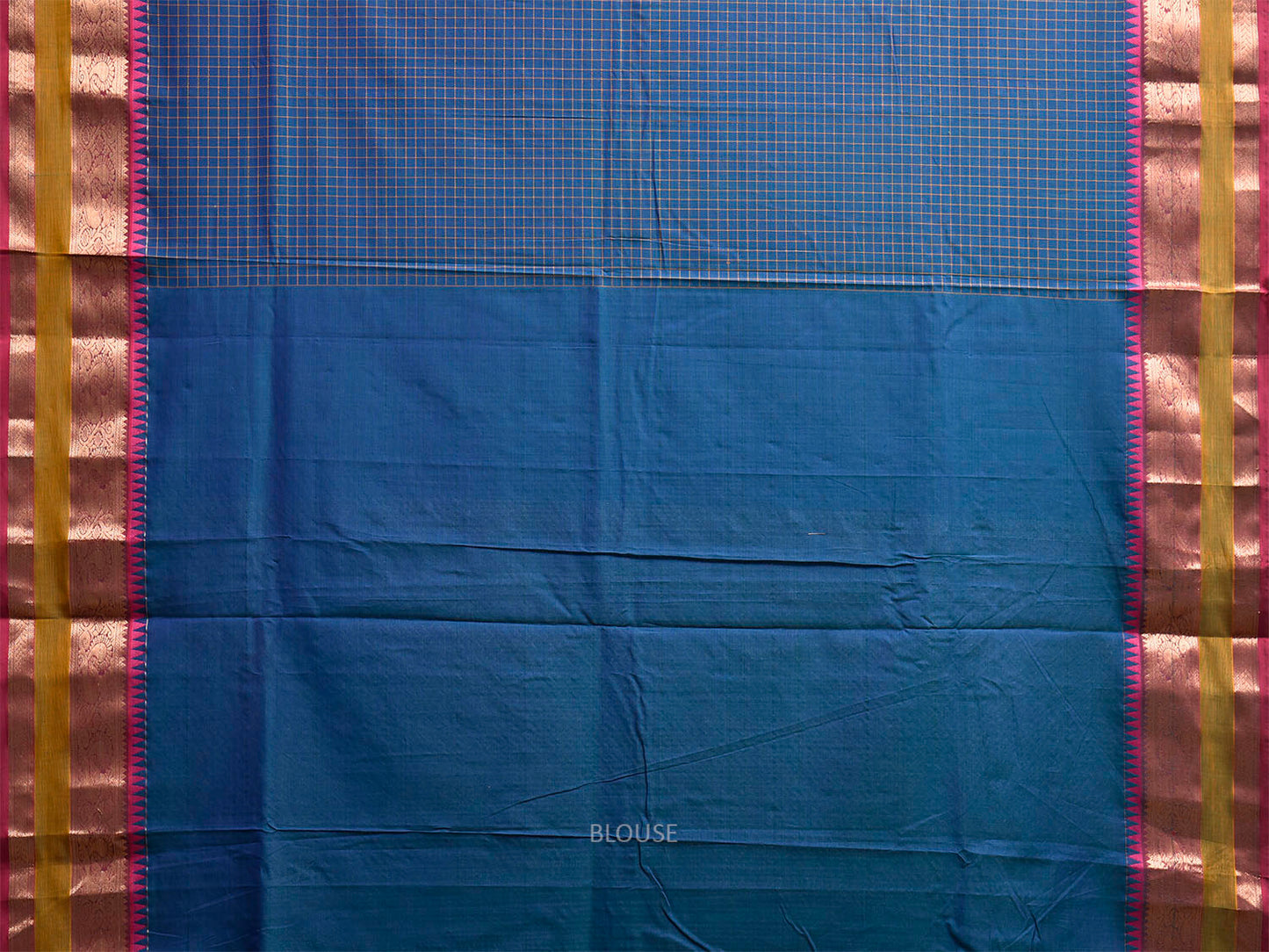 Blue Kanchipuram Cotton Saree with Checks and Pallu Design k0981