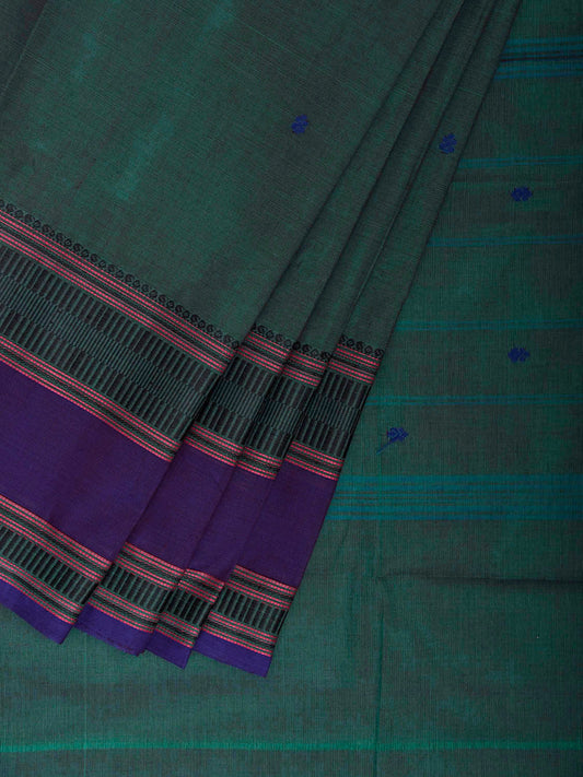Dark Turquoise and Purple Kanchipuram Cotton Saree with Strips Pallu and Big Border Design k0983