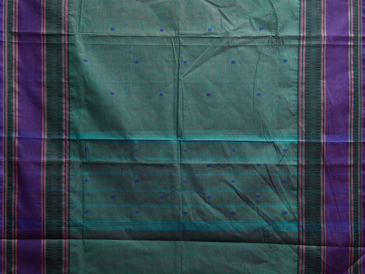 Dark Turquoise and Purple Kanchipuram Cotton Saree with Strips Pallu and Big Border Design k0983