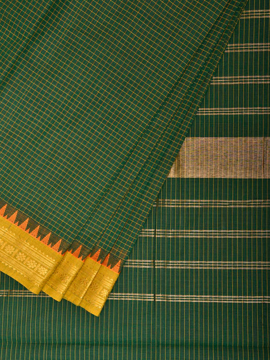Green and Olive Kanchipuram Cotton Saree with Checks and Strips Pallu Design k0984