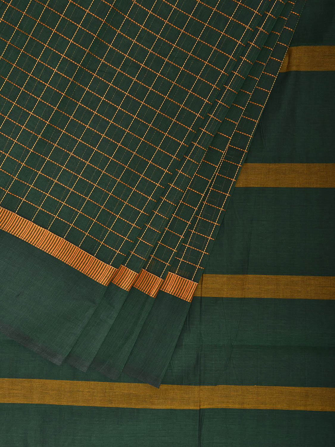 Green and Yellow Kanchipuram Cotton Saree with Big Checks and Strips Pallu Design k0986