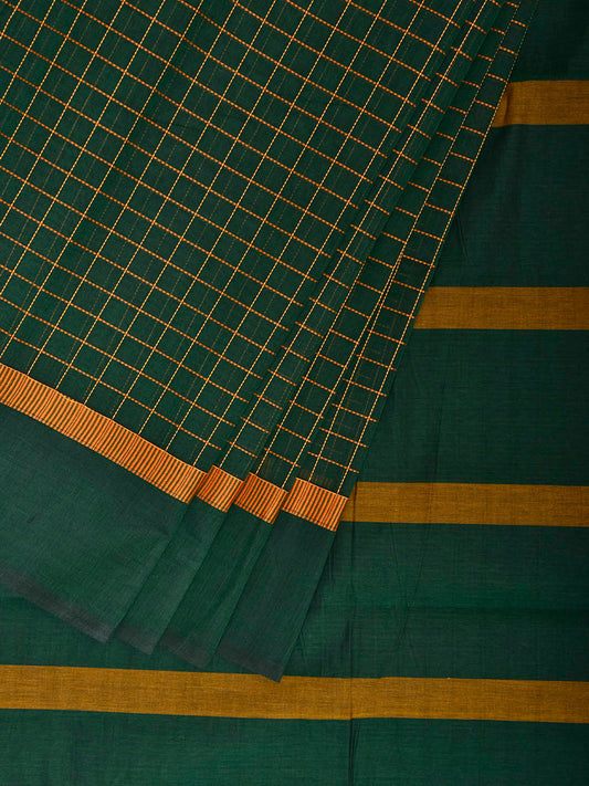 Green and Yellow Kanchipuram Cotton Saree with Big Checks and Strips Pallu Design k0986