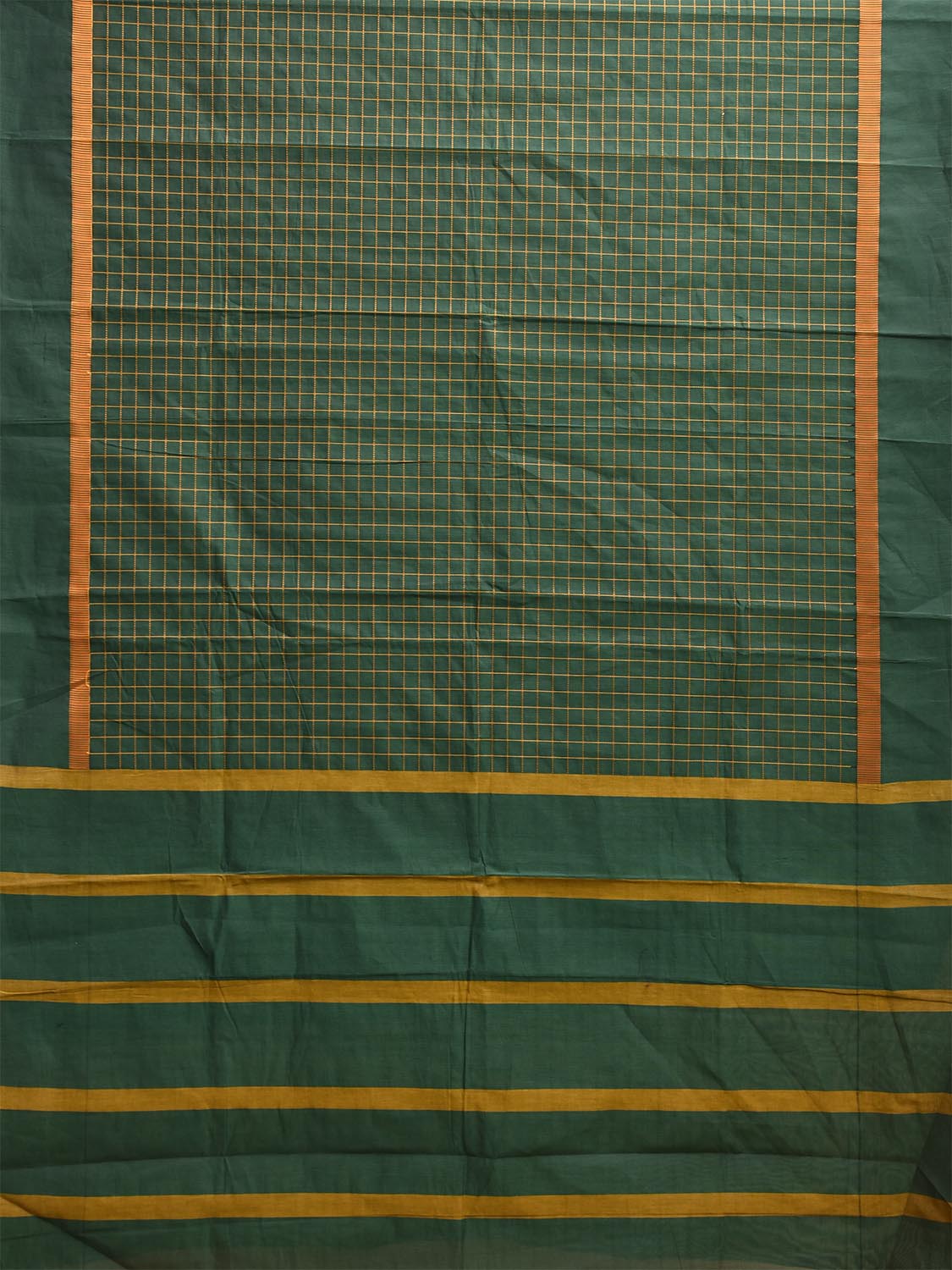 Green and Yellow Kanchipuram Cotton Saree with Big Checks and Strips Pallu Design k0986