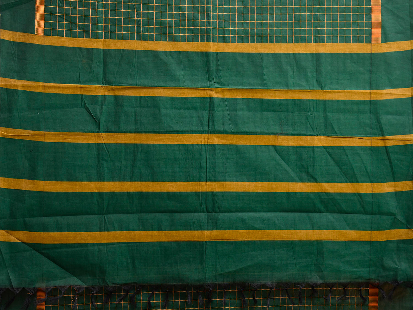Green and Yellow Kanchipuram Cotton Saree with Big Checks and Strips Pallu Design k0986