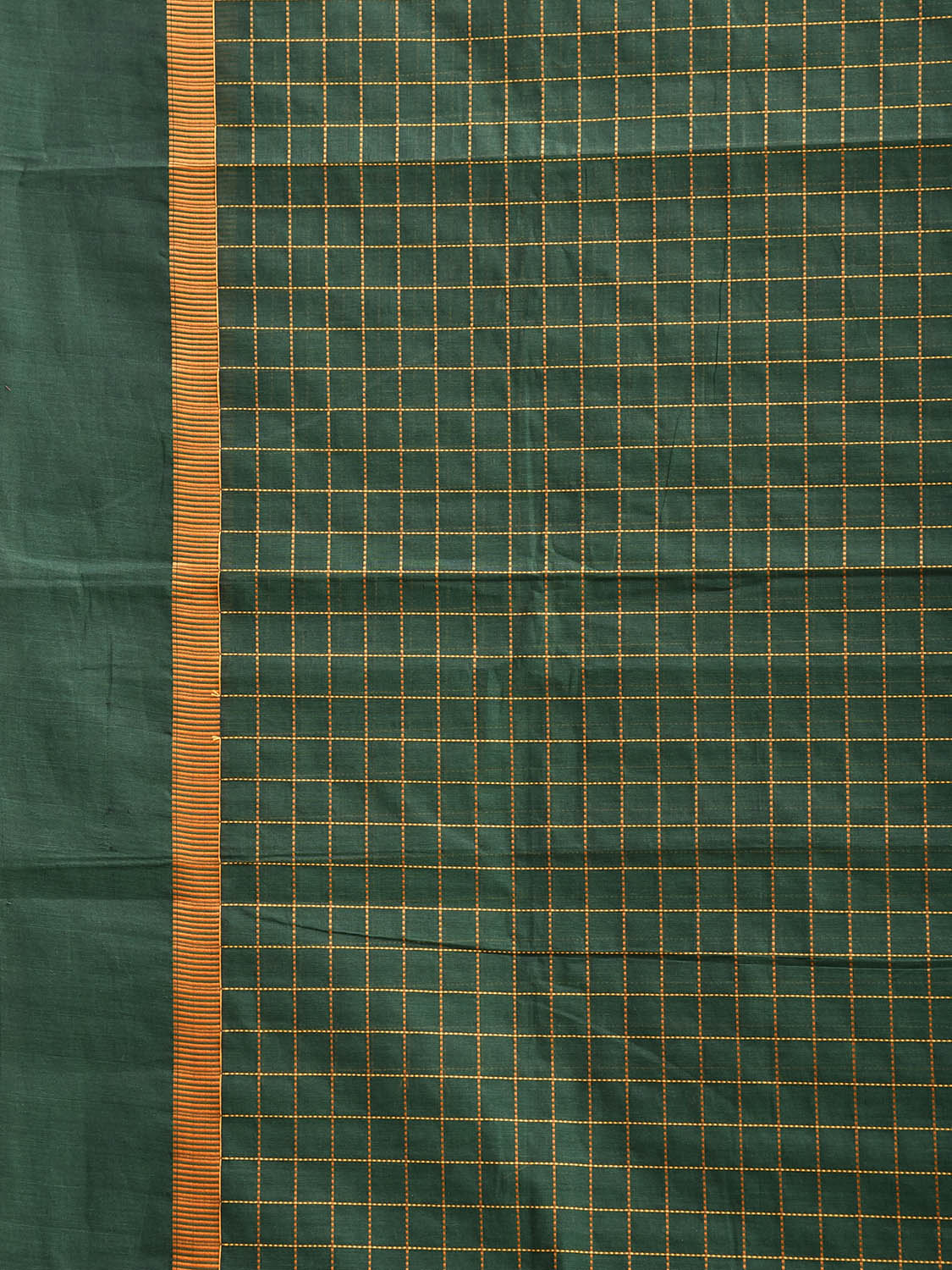 Green and Yellow Kanchipuram Cotton Saree with Big Checks and Strips Pallu Design k0986
