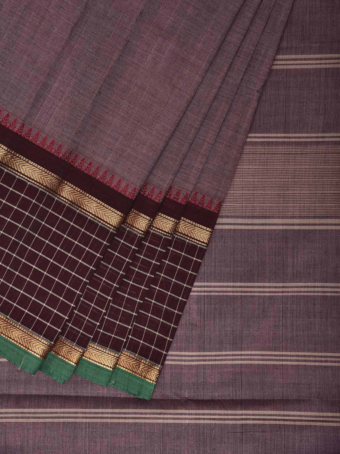 Brown Kanchipuram Cotton Plain Saree with Checks Border Design k0987