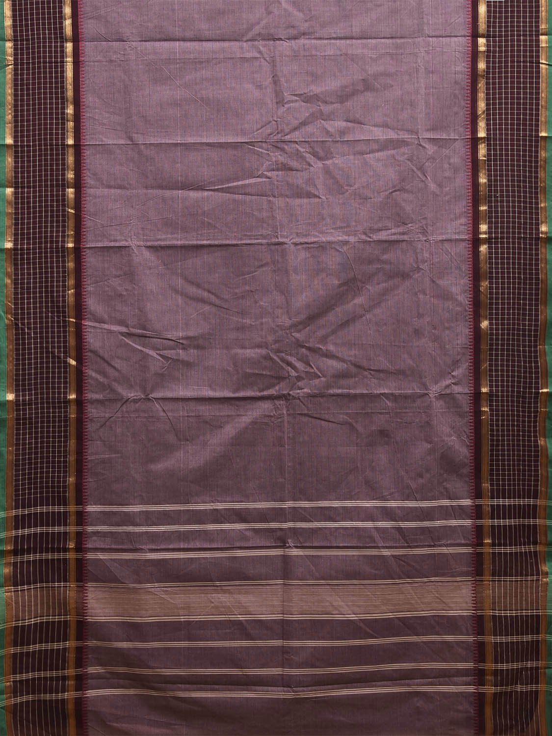 Brown Kanchipuram Cotton Plain Saree with Checks Border Design k0987
