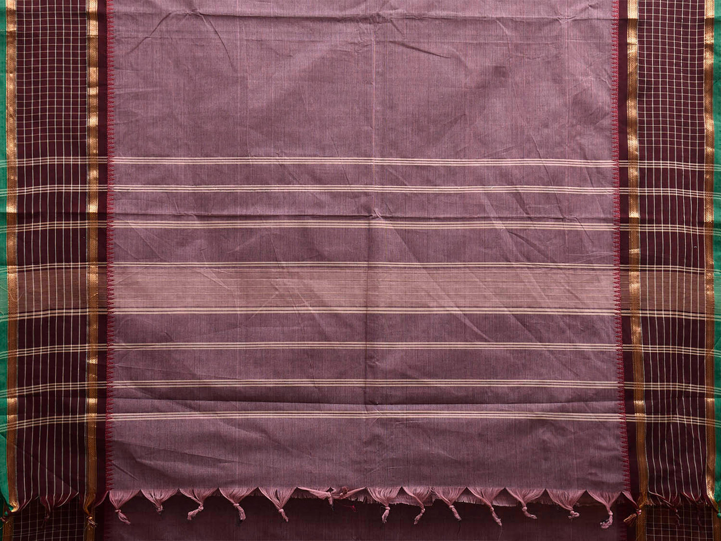 Brown Kanchipuram Cotton Plain Saree with Checks Border Design k0987