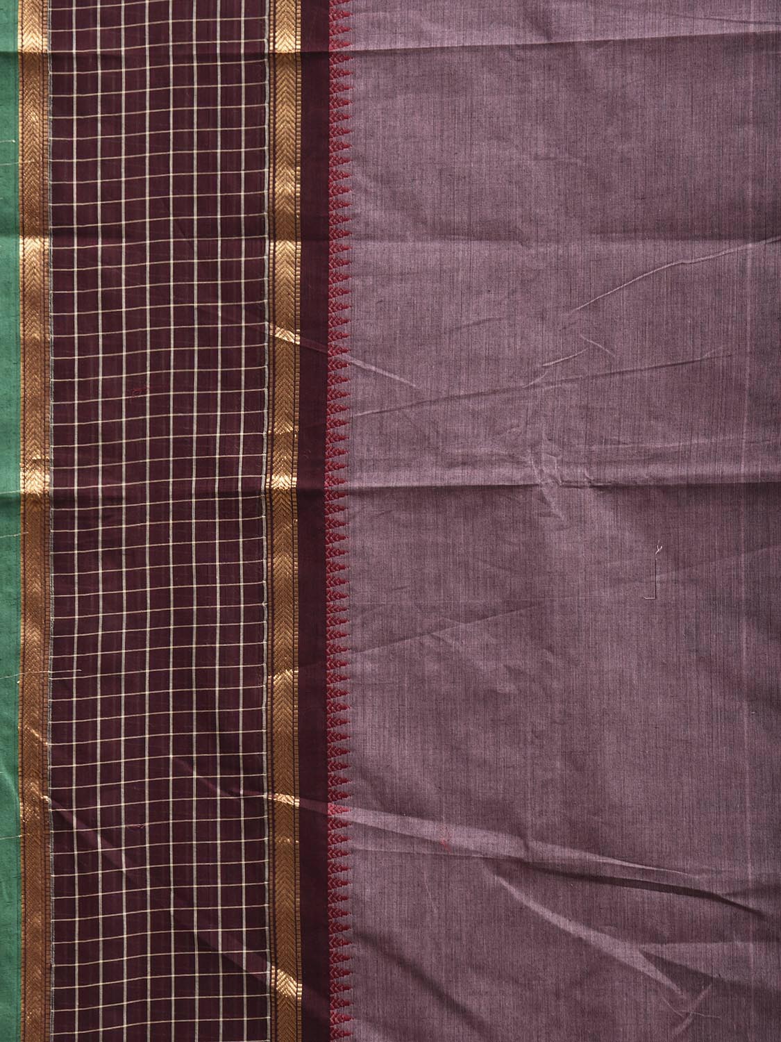 Brown Kanchipuram Cotton Plain Saree with Checks Border Design k0987