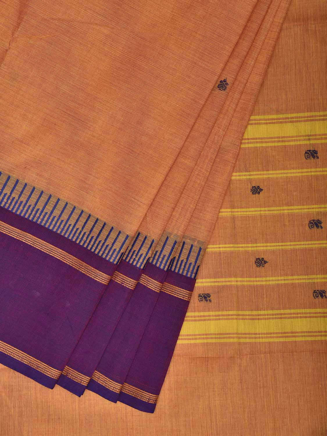 Orange and Purple Kanchipuram Cotton Saree with Strips Pallu Border Design k0988