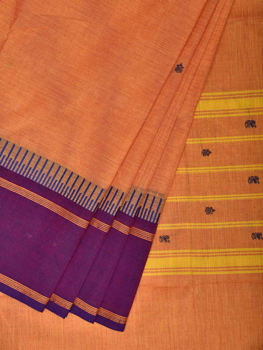 Orange and Purple Kanchipuram Cotton Saree with Strips Pallu Border Design k0988