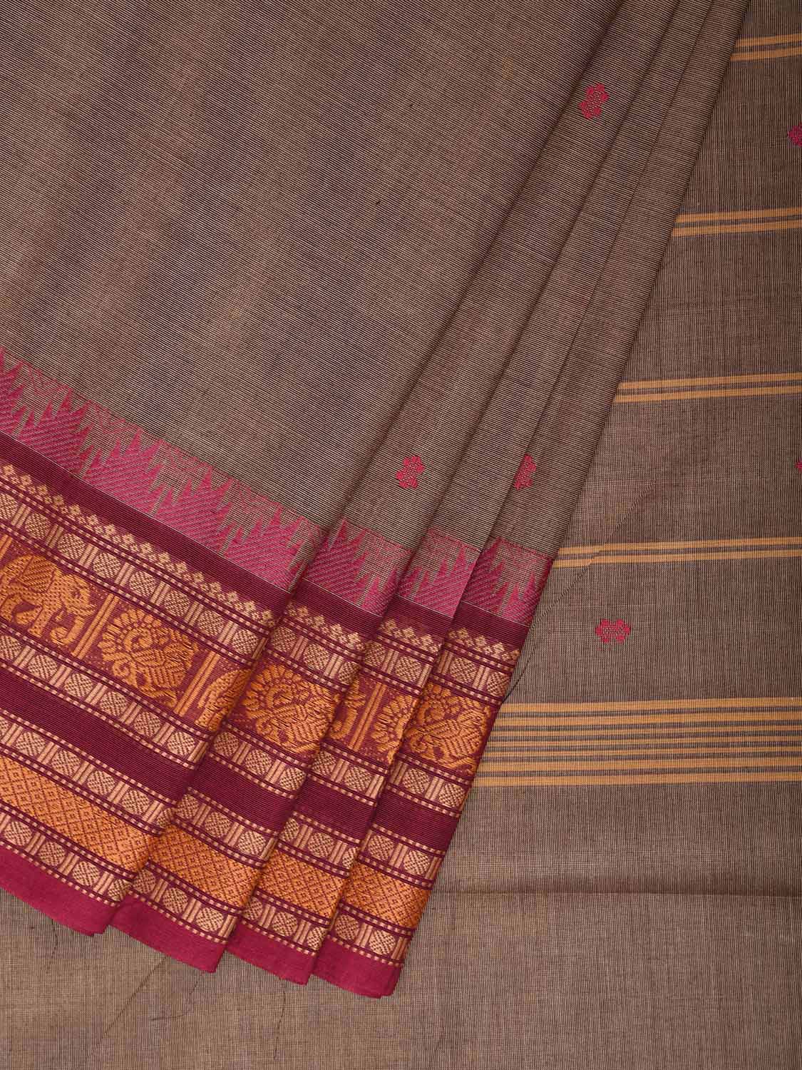 Khaki and Pink Kanchipuram Cotton Saree with Strips Pallu Border Design k0989
