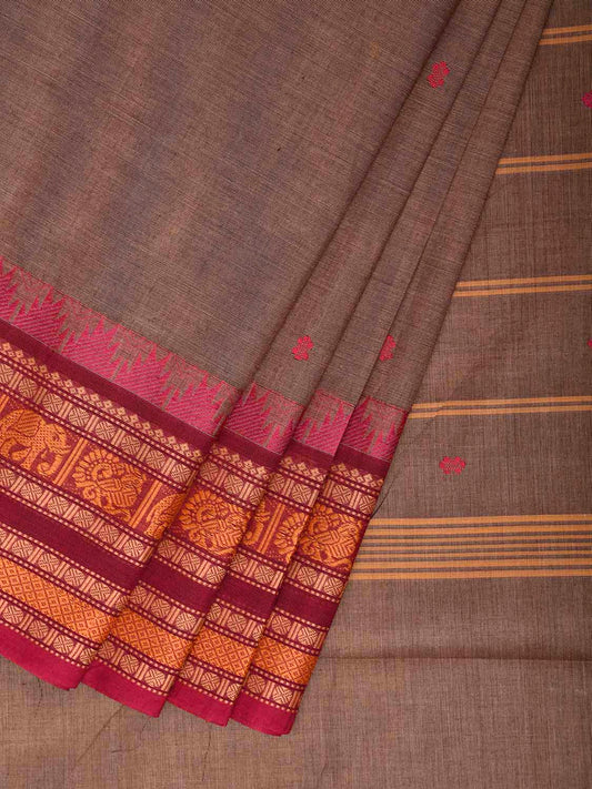 Khaki and Pink Kanchipuram Cotton Saree with Strips Pallu Border Design k0989