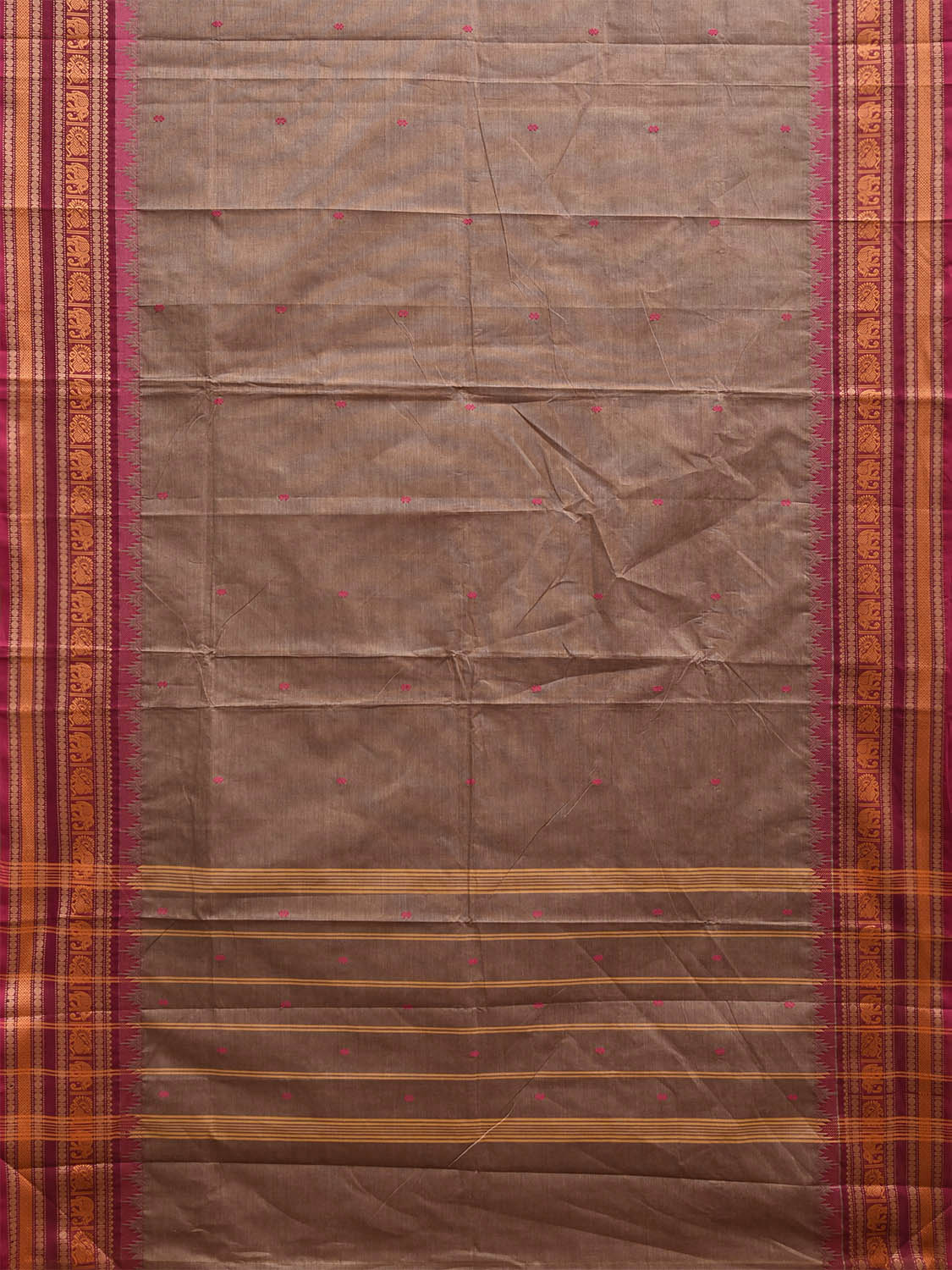 Khaki and Pink Kanchipuram Cotton Saree with Strips Pallu Border Design k0989