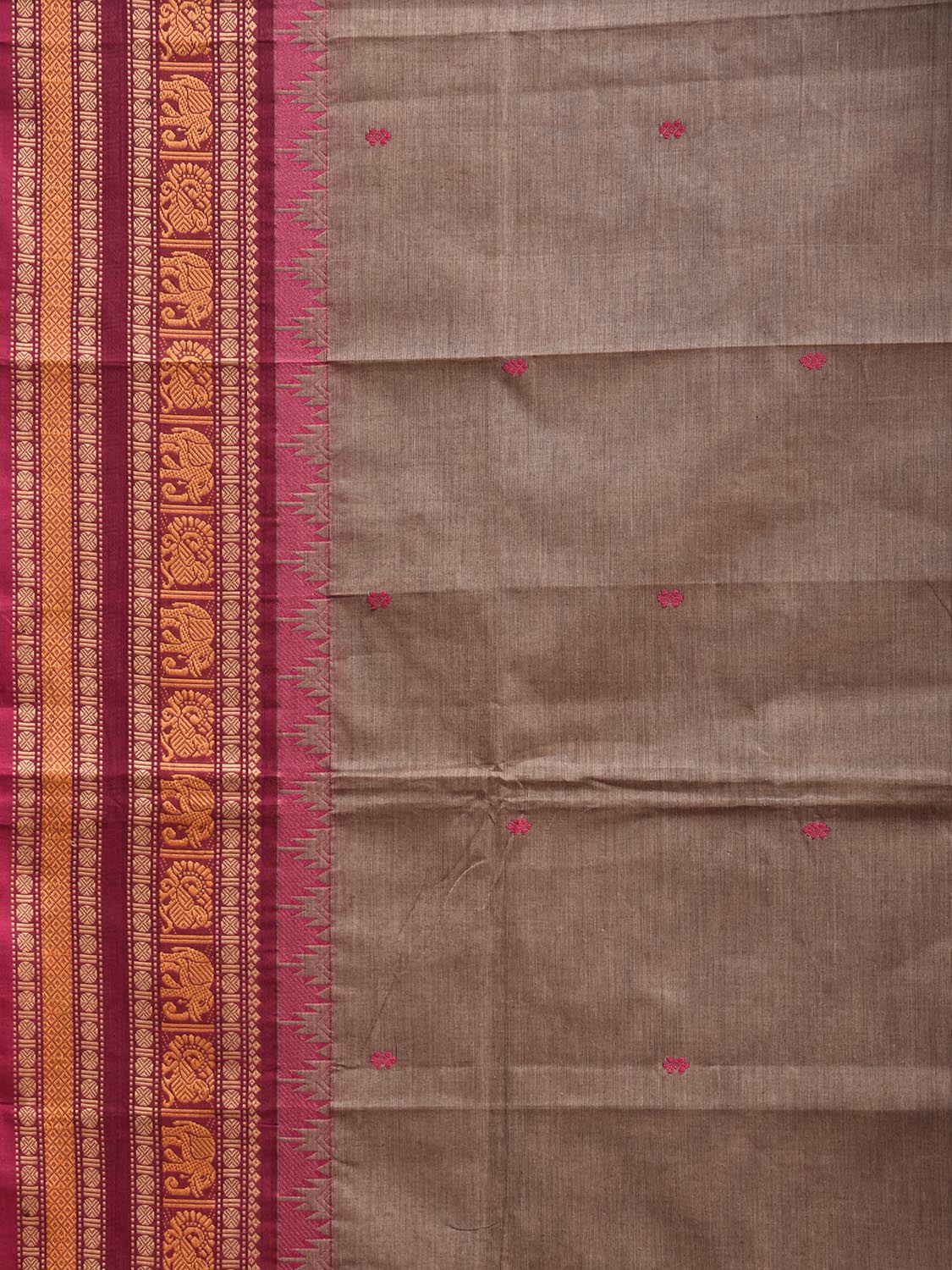 Khaki and Pink Kanchipuram Cotton Saree with Strips Pallu Border Design k0989
