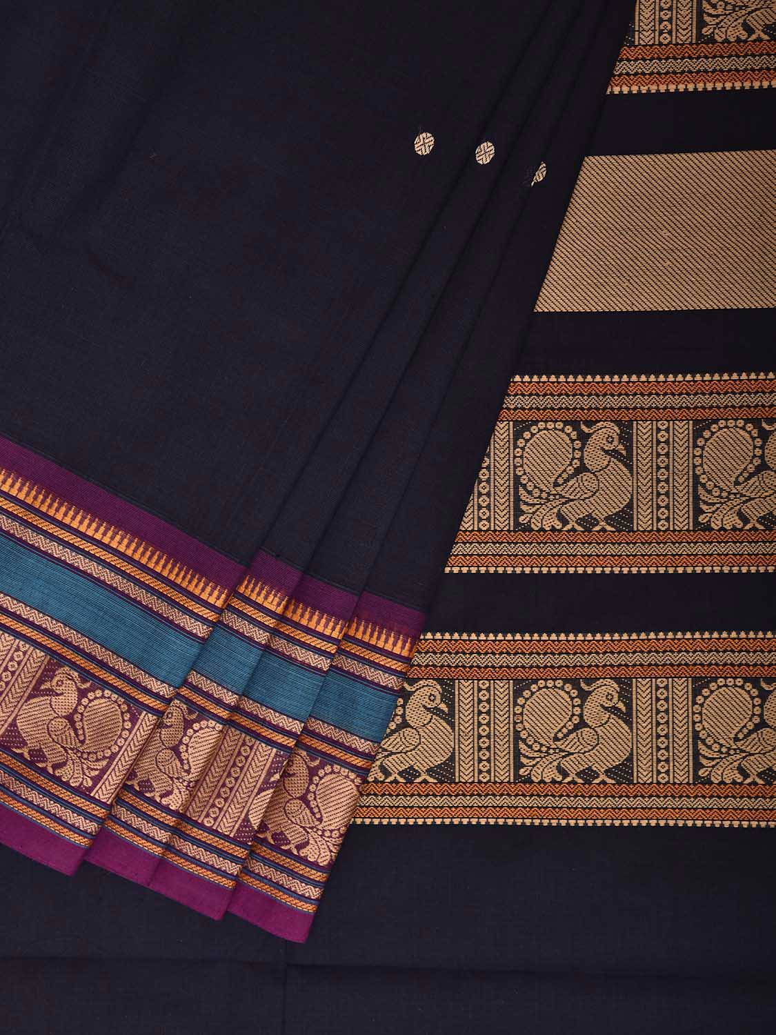 Navy and Purple Kanchipuram Cotton Saree with Border and Pallu Design k0990
