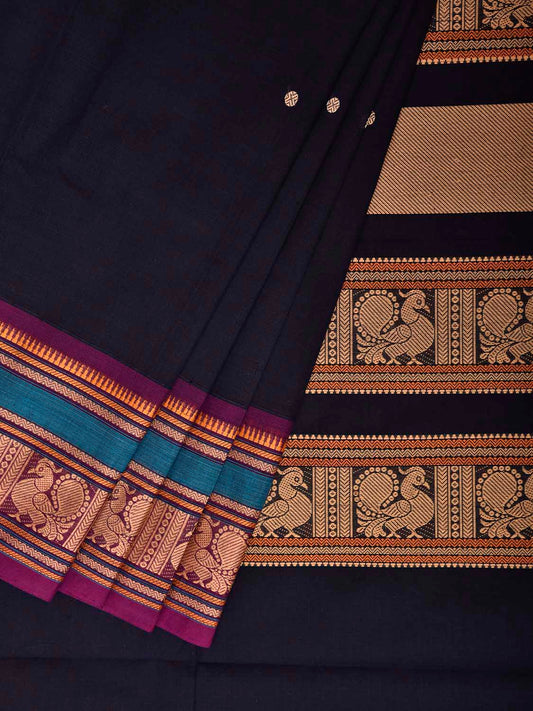 Navy and Purple Kanchipuram Cotton Saree with Border and Pallu Design k0990