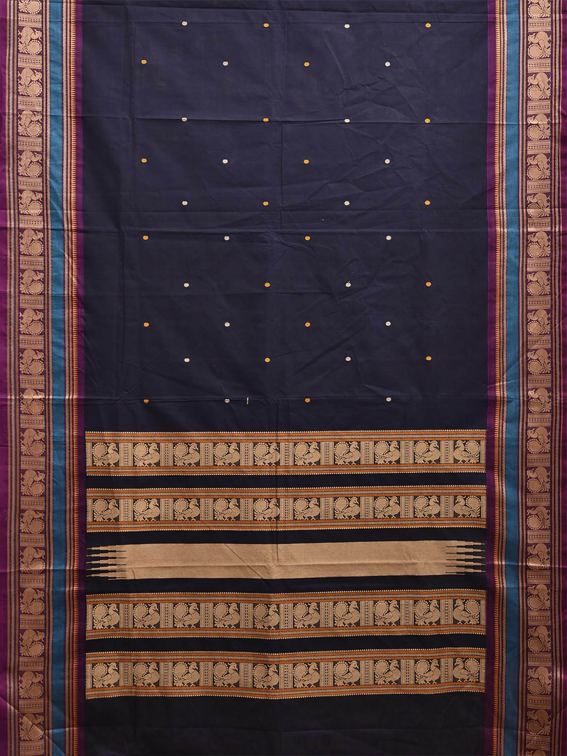 Navy and Purple Kanchipuram Cotton Saree with Border and Pallu Design k0990