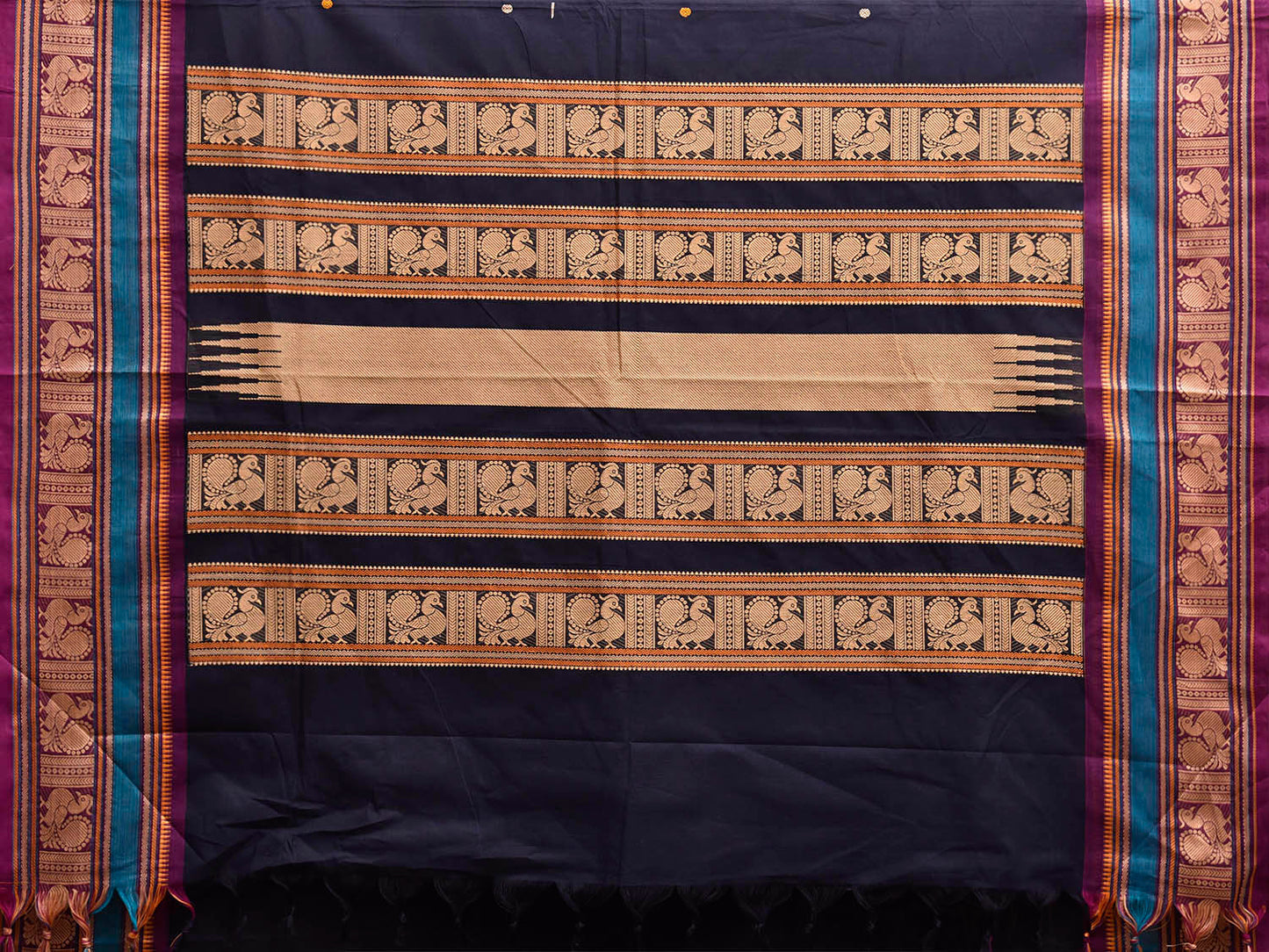 Navy and Purple Kanchipuram Cotton Saree with Border and Pallu Design k0990