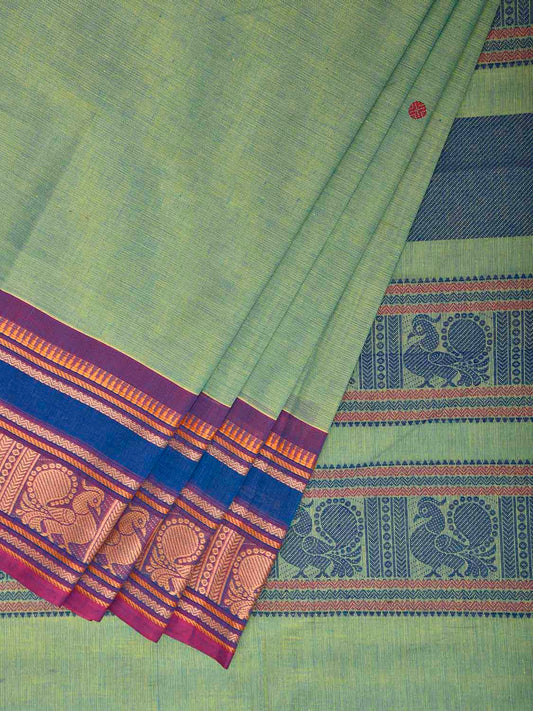 Turquoise and Blue Kanchipuram Cotton Saree with Border and Pallu Design k0991