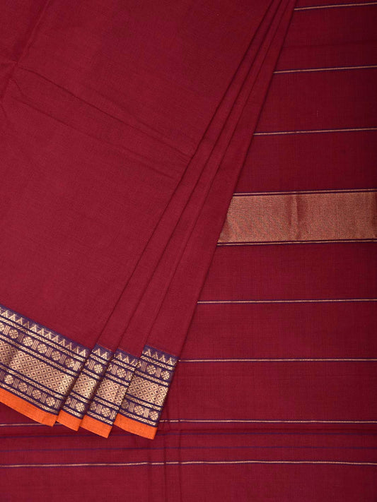 Dark Red Kanchipuram Cotton Plain Saree with Strips Pallu Design and Kalamkari Blouse k0993