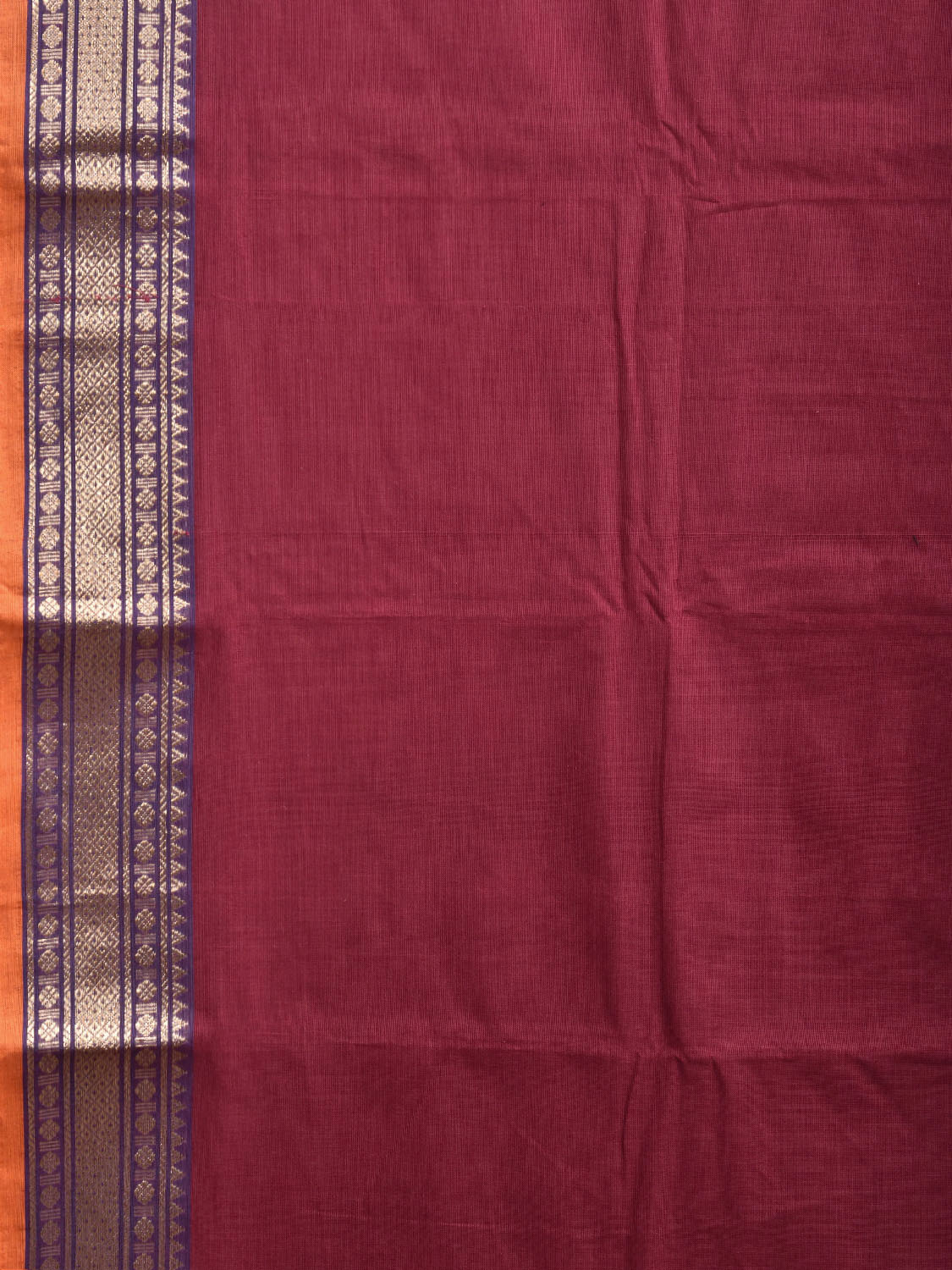 Dark Red Kanchipuram Cotton Plain Saree with Strips Pallu Design and Kalamkari Blouse k0993