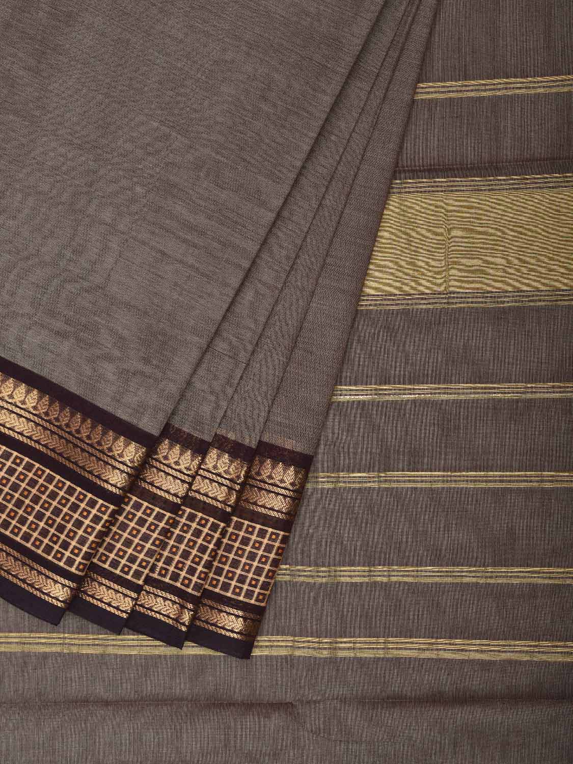 Grey and Brown Kanchipuram Cotton Plain Saree with Strips Pallu Design and Kalamkari Blouse k0995