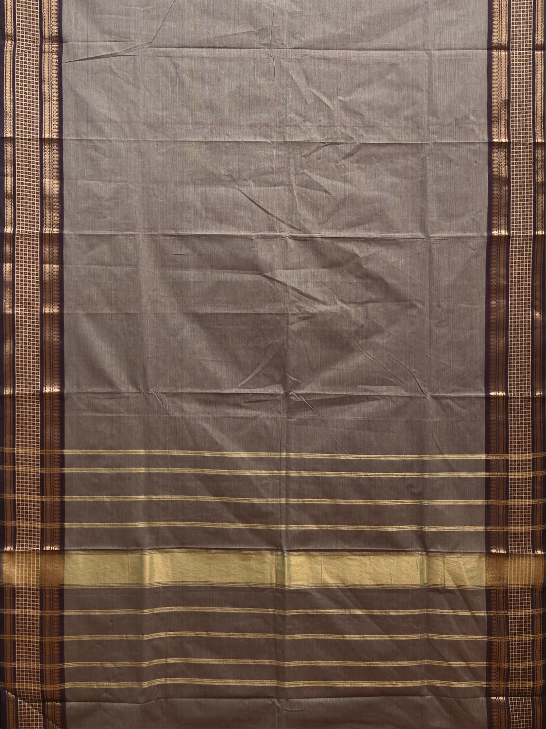 Grey and Brown Kanchipuram Cotton Plain Saree with Strips Pallu Design and Kalamkari Blouse k0995