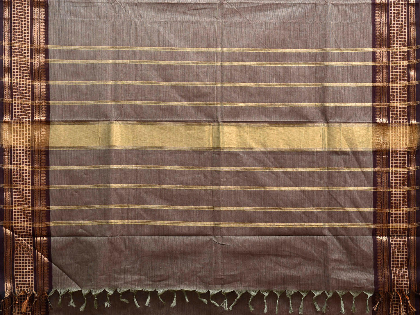 Grey and Brown Kanchipuram Cotton Plain Saree with Strips Pallu Design and Kalamkari Blouse k0995