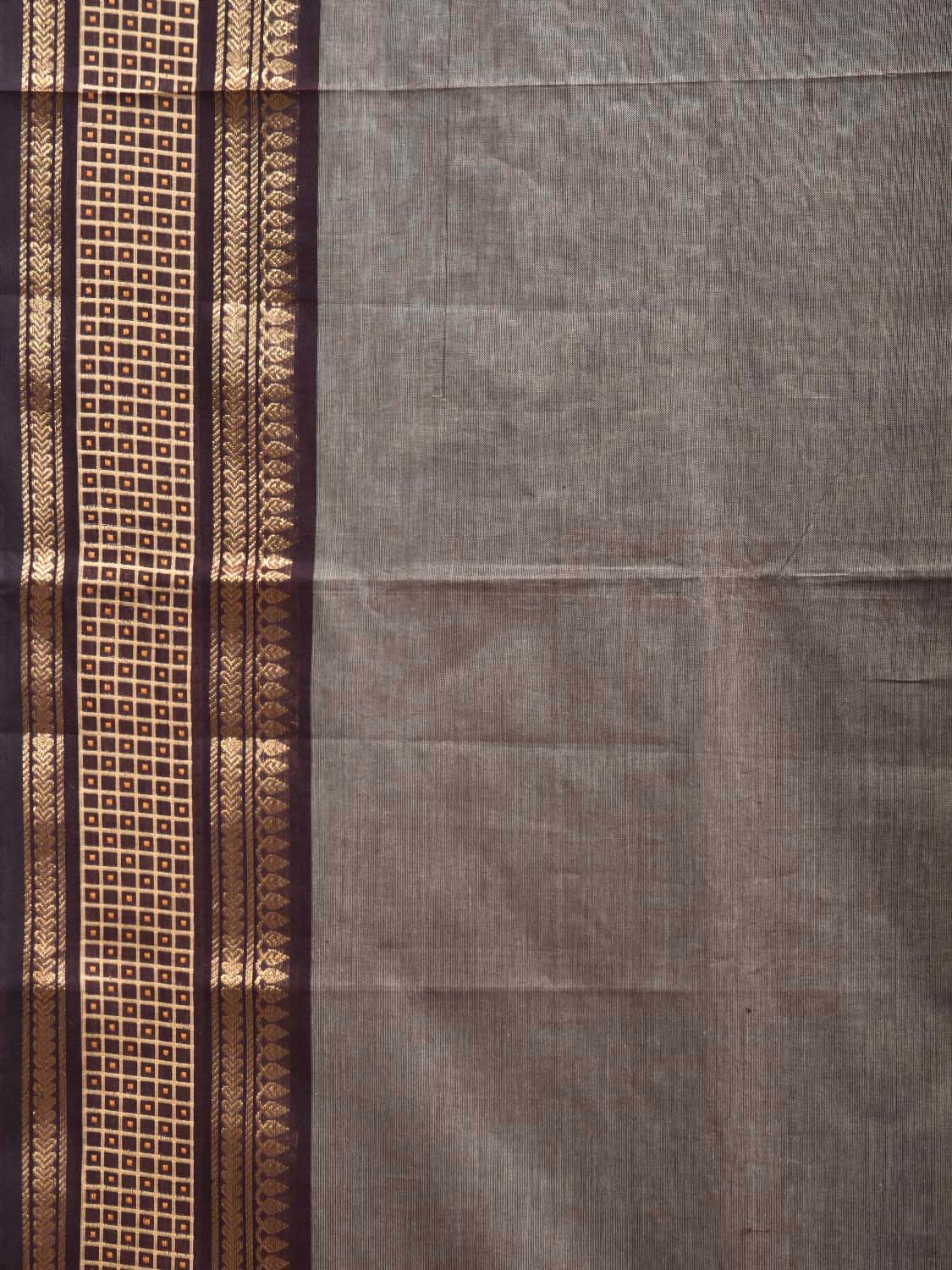 Grey and Brown Kanchipuram Cotton Plain Saree with Strips Pallu Design and Kalamkari Blouse k0995