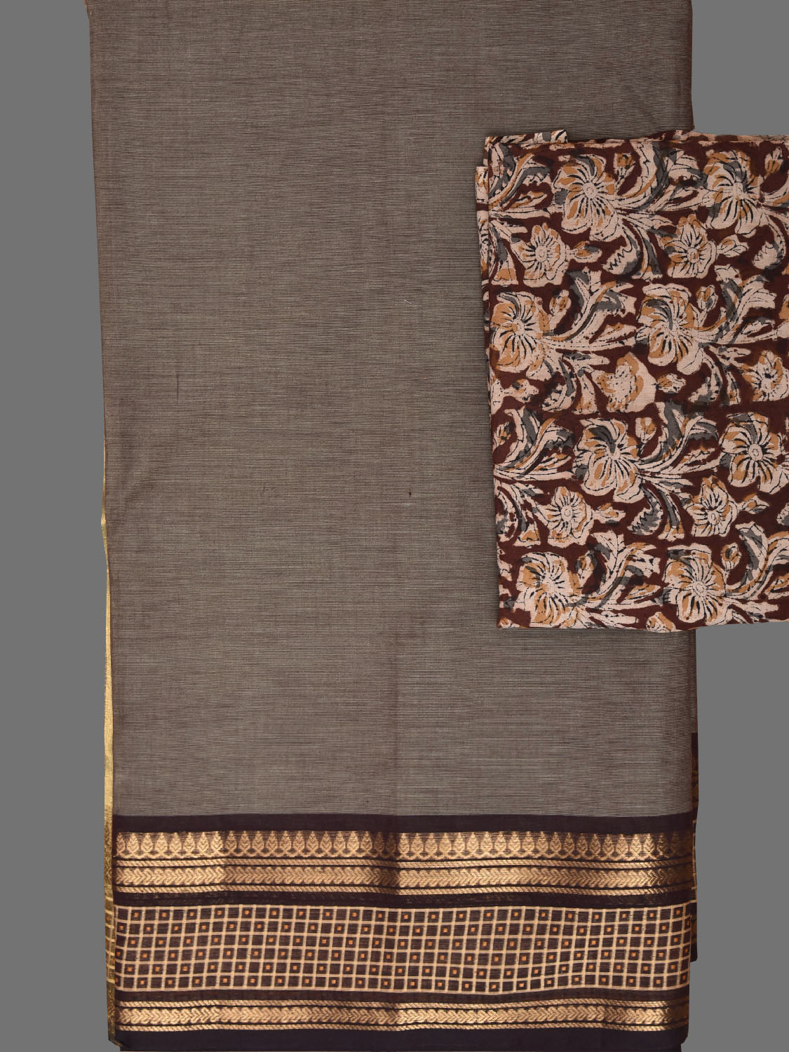 Grey and Brown Kanchipuram Cotton Plain Saree with Strips Pallu Design and Kalamkari Blouse k0995