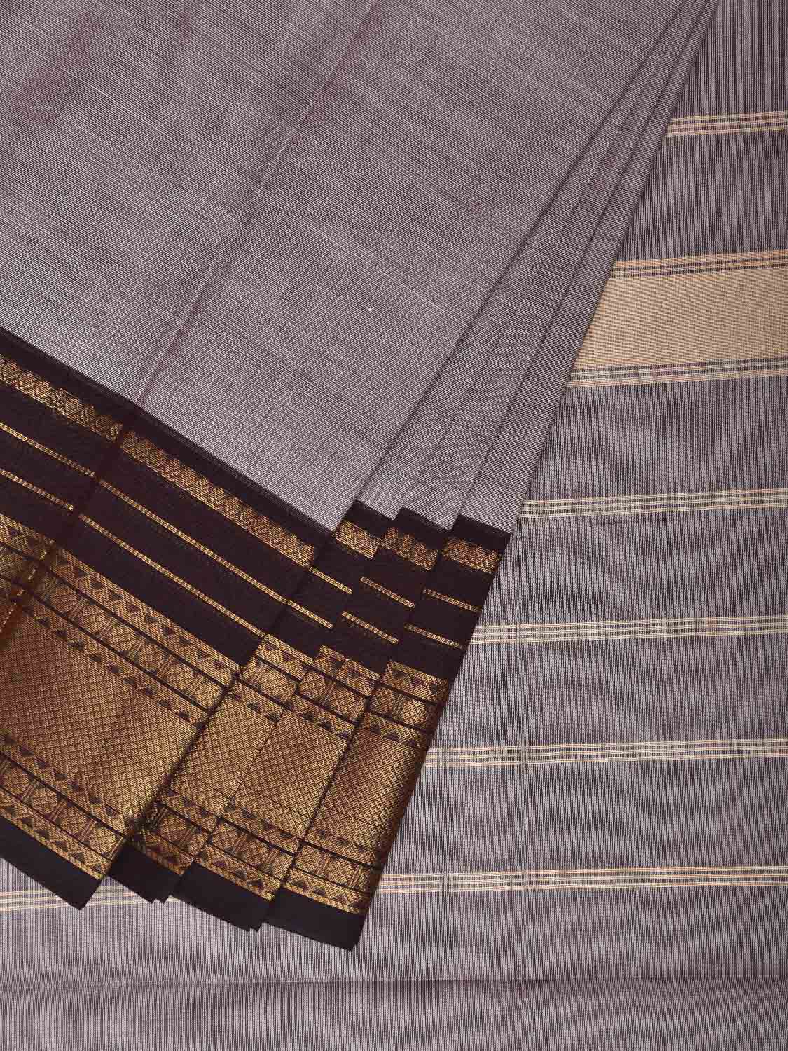 Light Grey and Brown Kanchipuram Cotton Plain Saree with Strips Pallu Design and Kalamkari Blouse k0996