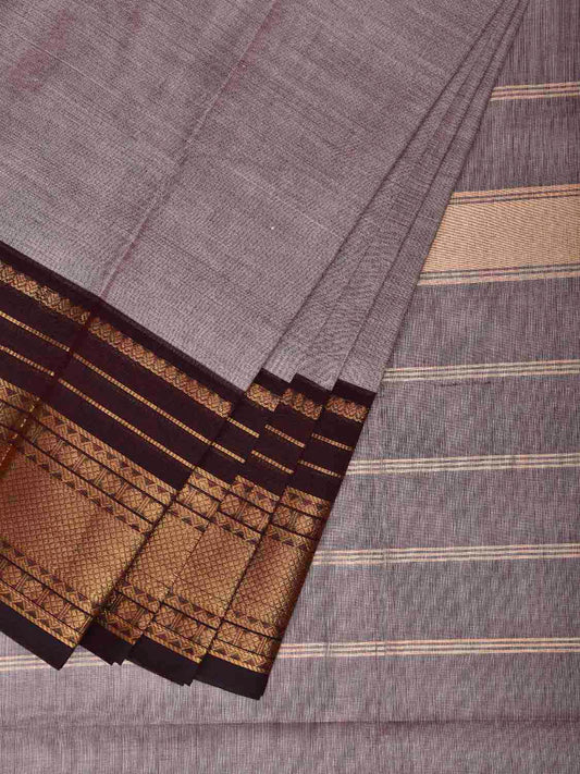 Light Grey and Brown Kanchipuram Cotton Plain Saree with Strips Pallu Design and Kalamkari Blouse k0996