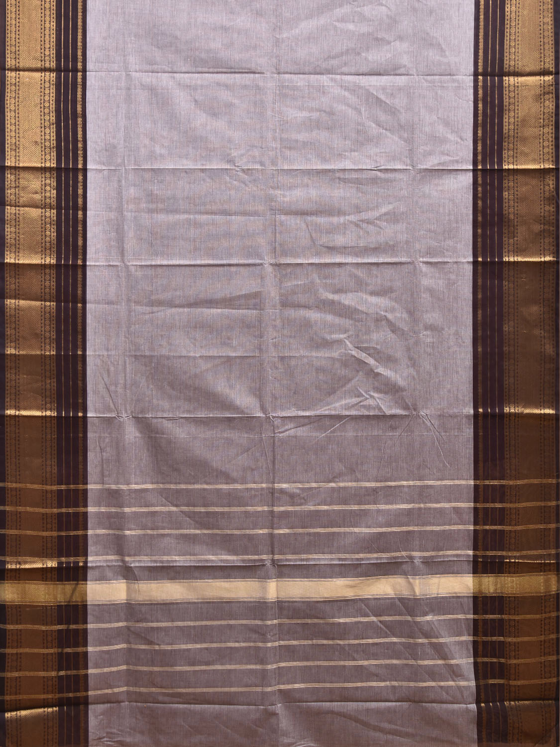 Light Grey and Brown Kanchipuram Cotton Plain Saree with Strips Pallu Design and Kalamkari Blouse k0996