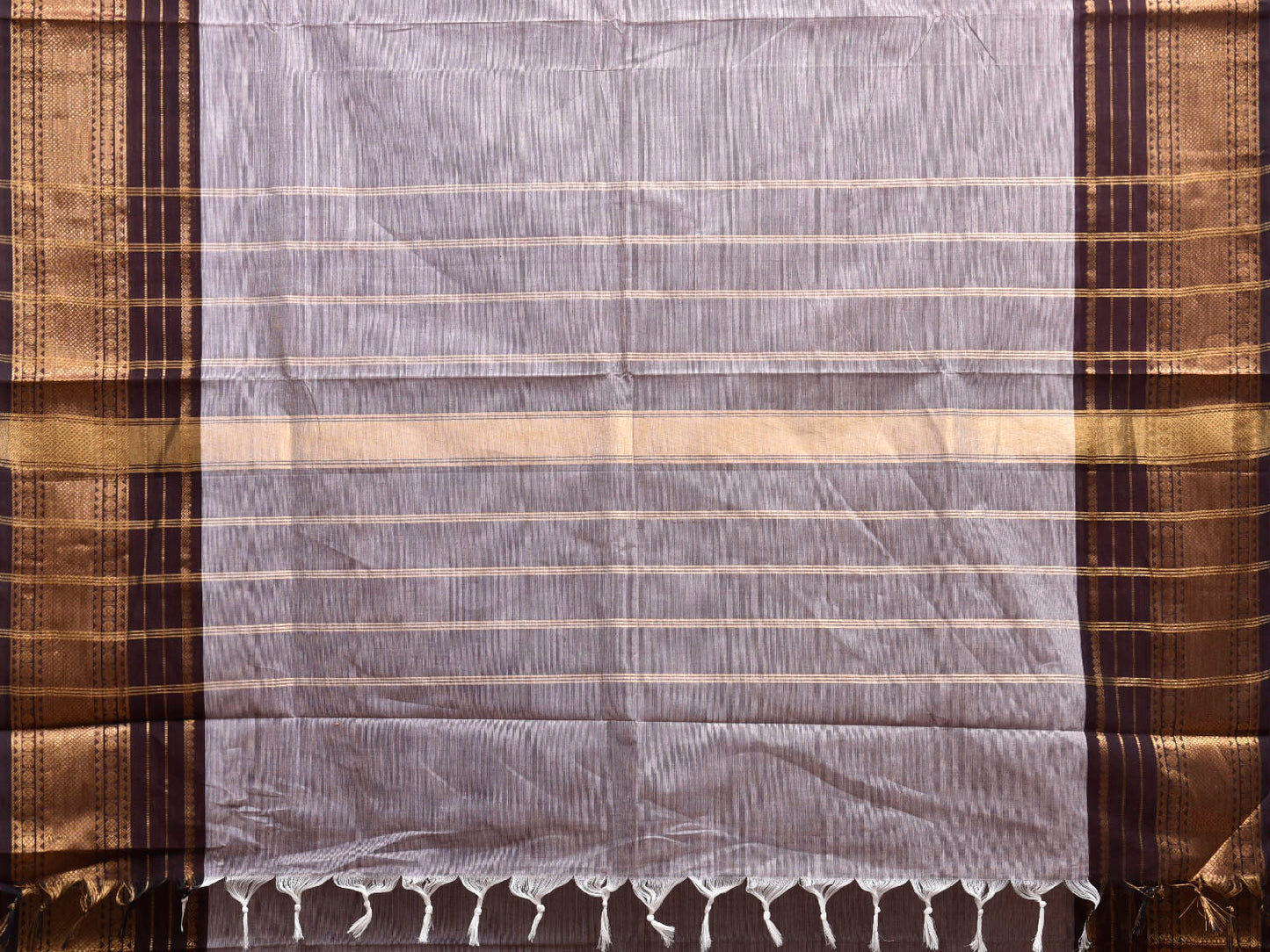 Light Grey and Brown Kanchipuram Cotton Plain Saree with Strips Pallu Design and Kalamkari Blouse k0996