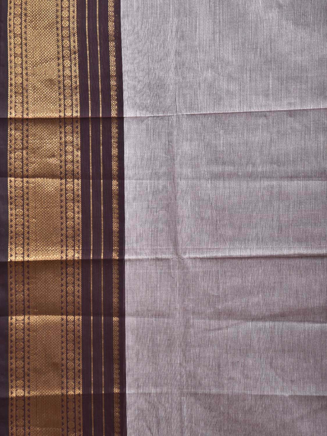 Light Grey and Brown Kanchipuram Cotton Plain Saree with Strips Pallu Design and Kalamkari Blouse k0996