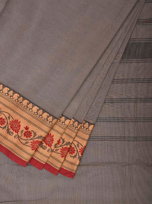 Light Grey Kanchipuram Cotton Plain Saree with Floral Border Design and Kalamkari Blouse k0997