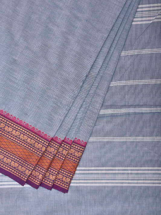 Light Blue Kanchipuram Cotton Plain Saree with Strips Pallu Design and Kalamkari Blouse k0998