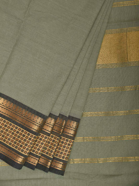 Sea Green Kanchipuram Cotton Plain Saree with Border Design and Kalamkari Blouse k0999