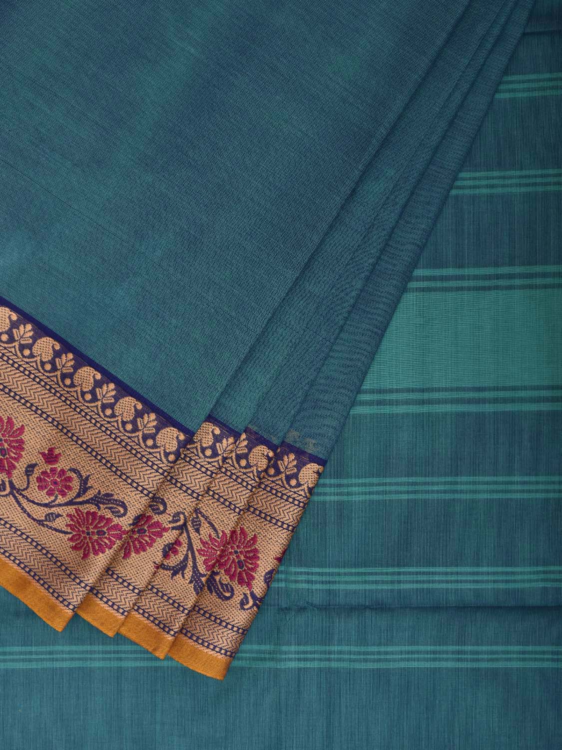 Blue Kanchipuram Cotton Plain Saree with Floral Border Design and Kalamkari Blouse k1000