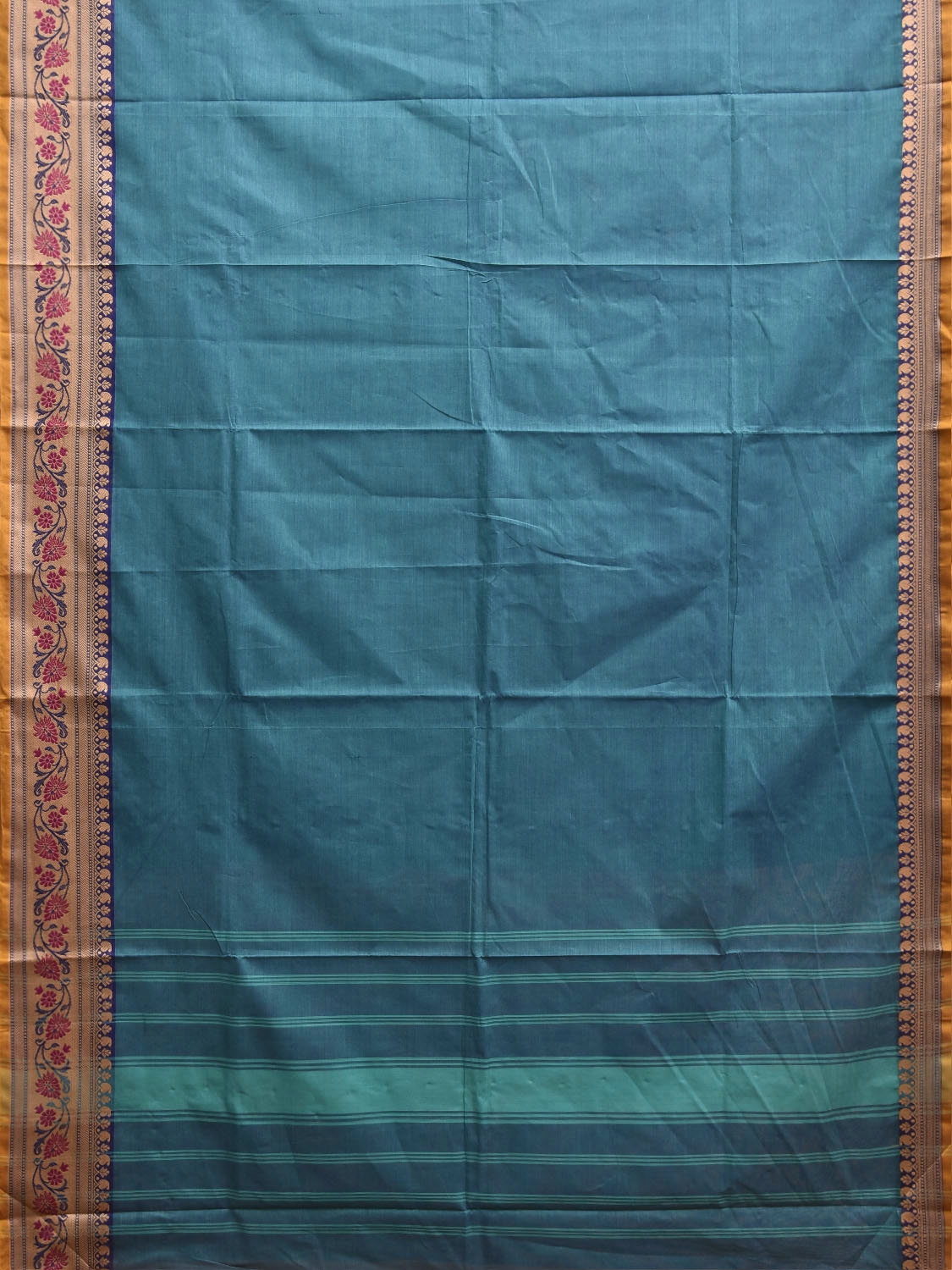 Blue Kanchipuram Cotton Plain Saree with Floral Border Design and Kalamkari Blouse k1000