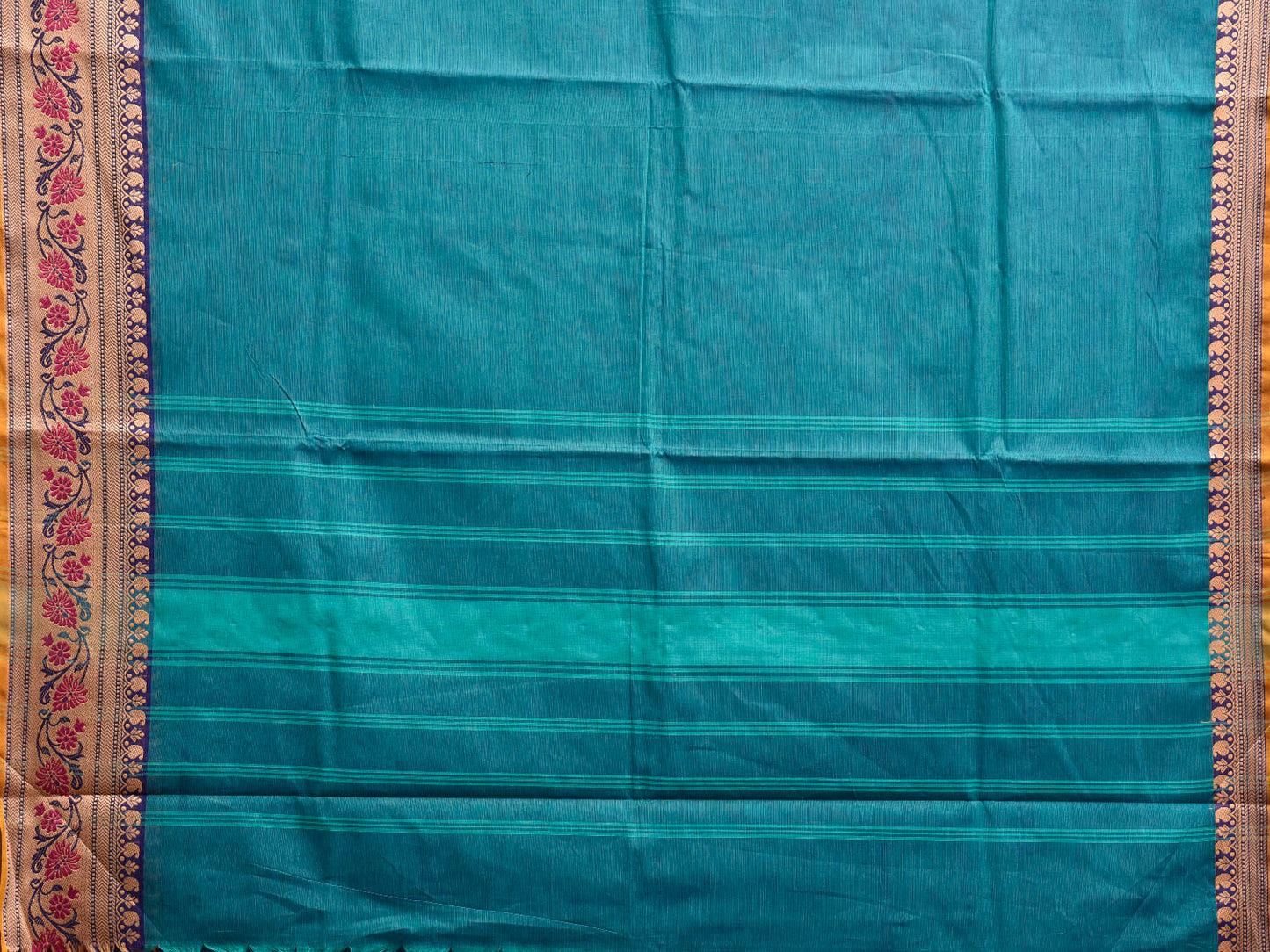 Blue Kanchipuram Cotton Plain Saree with Floral Border Design and Kalamkari Blouse k1000