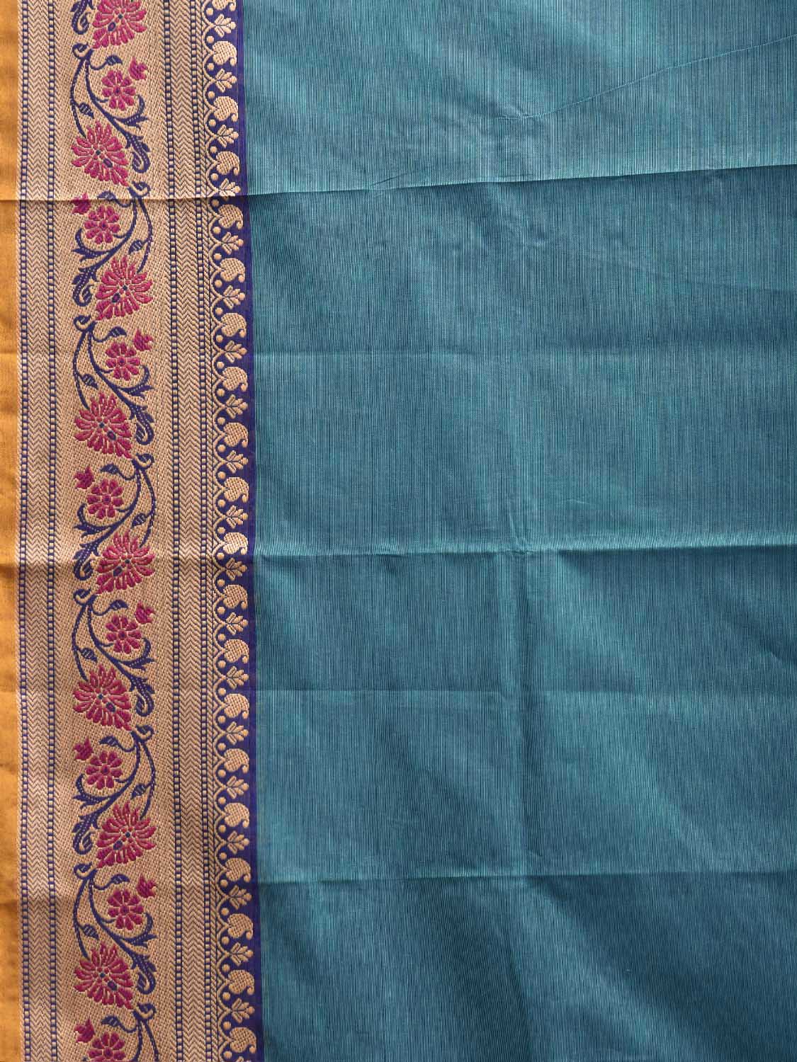 Blue Kanchipuram Cotton Plain Saree with Floral Border Design and Kalamkari Blouse k1000