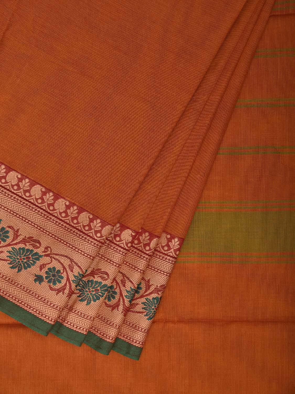 Orange Kanchipuram Cotton Plain Saree with Floral Border Design and Kalamkari Blouse k1001