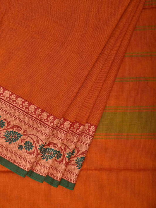 Orange Kanchipuram Cotton Plain Saree with Floral Border Design and Kalamkari Blouse k1001