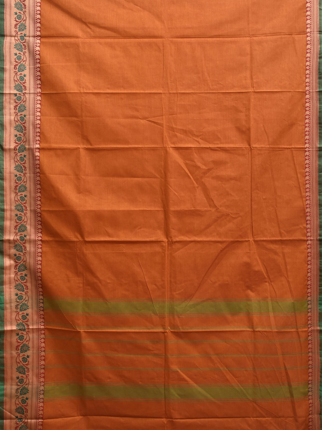 Orange Kanchipuram Cotton Plain Saree with Floral Border Design and Kalamkari Blouse k1001