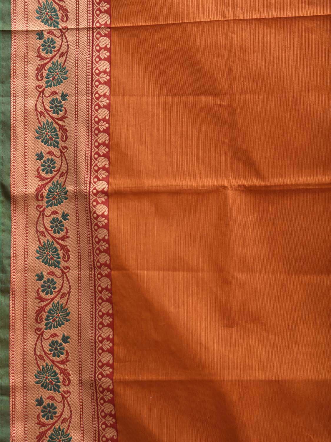 Orange Kanchipuram Cotton Plain Saree with Floral Border Design and Kalamkari Blouse k1001