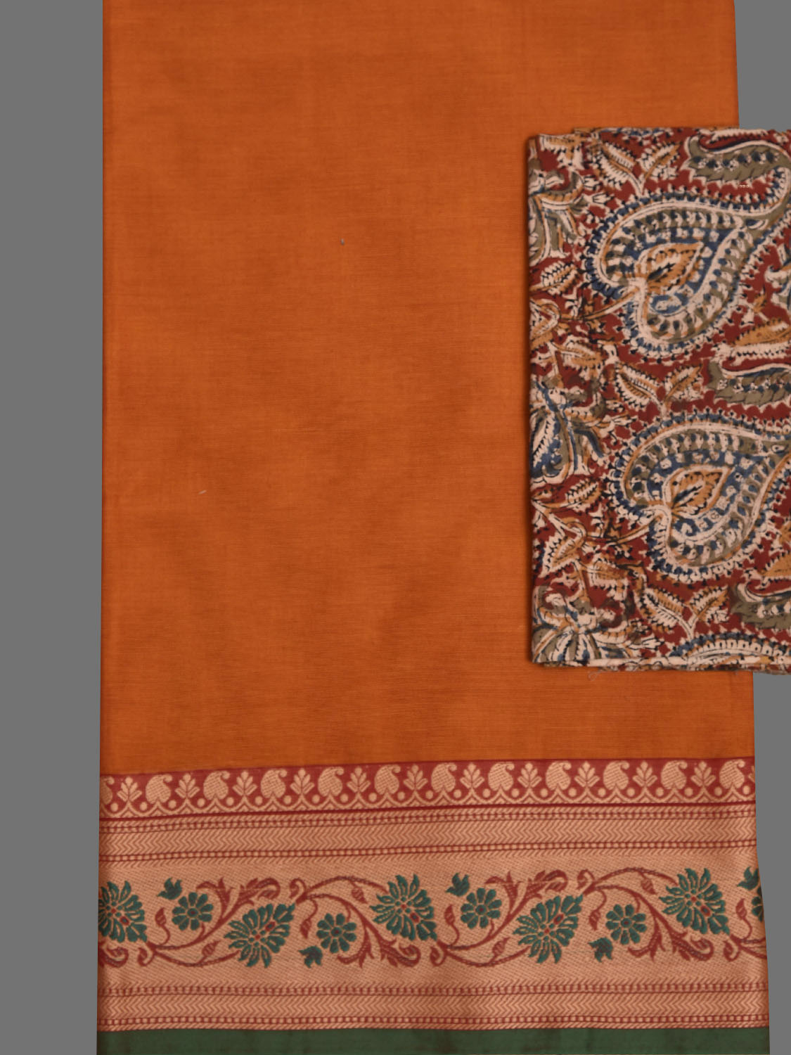 Orange Kanchipuram Cotton Plain Saree with Floral Border Design and Kalamkari Blouse k1001