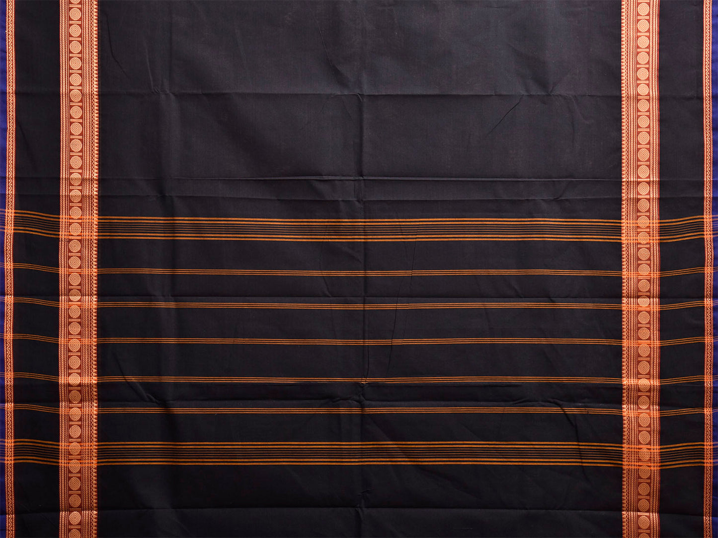Black Kanchipuram Cotton Plain Saree with Strips Pallu Design and Kalamkari Blouse k1002